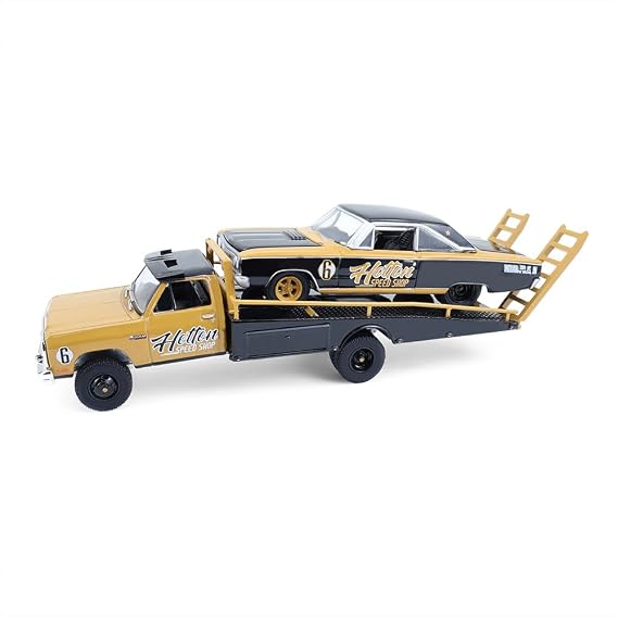 Greenlight Collectibles 33260-A 1:64 H.D. Trucks Series 26 1985 Dodge Ram D350 Ramp Truck with 1965 Dodge Coronet Hotton Speed Shop Diecast Model Set
