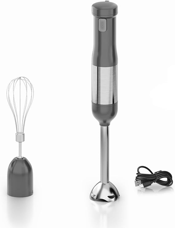 Cordless immersion blender handheld, 3-in-1 Variable Speed Hand Blender, Rechargeable with 2000mAh Battery and Accessories:Whisk & Cable, Grey