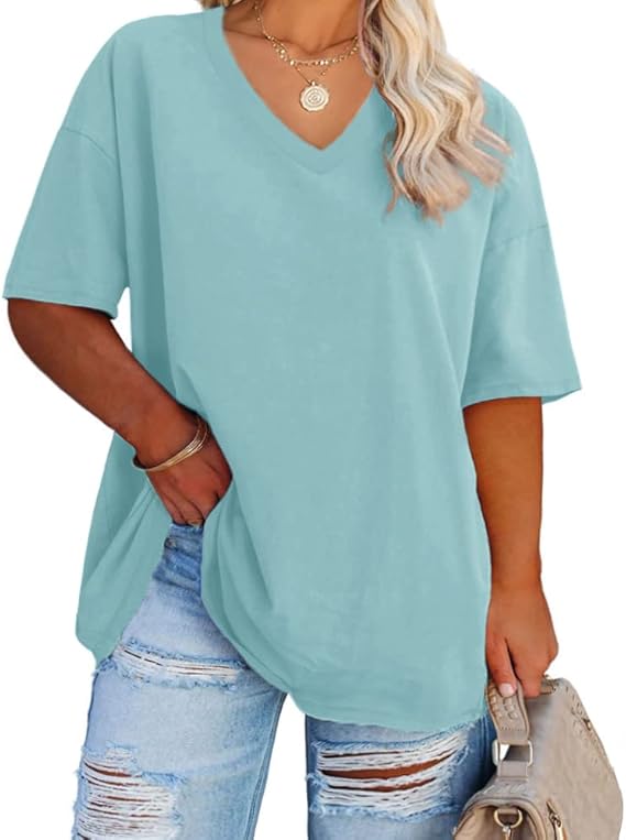 Fisoew Women's Plus Size V Neck T Shirts Summer Half Sleeve Tees Casual Loose Fit Cotton Tunic Tops