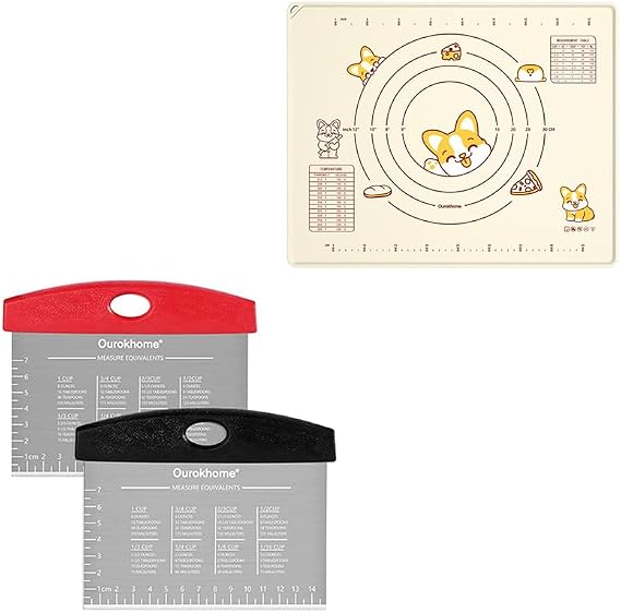 Silicone Baking Pastry Mat with Dough Cutter, Ourokhome 20'' X 16" Extra Thick Kneading Rolling mat with Measurement and Conversion Ourokhome Stainless Steel Pizza Cutter for Kitchen Baking