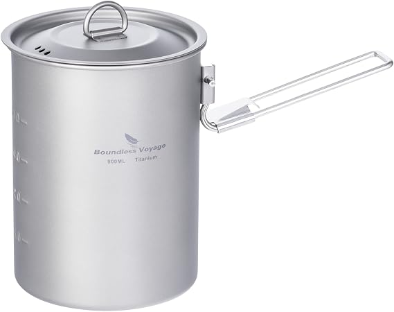 iBasingo 900ml Titanium Camping Pot Ultralight with Foldable Handle Ti2040C