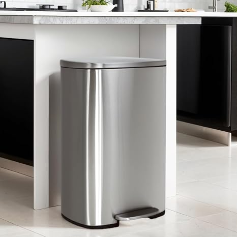 Kitchen Trash Can with Lid, 50L / 13 Gallon Stainless Steel Trash Can with Foot Pedal & Removable Inner Bucket, Hands-Free, Soft-Close, Odor Protection, Dog Proof