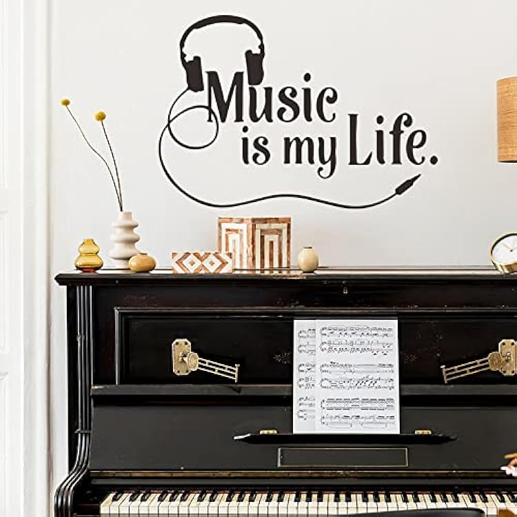 Music is My Life Clef Notes Staff Headphone Vinyl Hand-Made Wall Decals Quotes Sayings Words Arts Lettering Vinyl Wall Stickers for Music Room 21.6 in x 14.9 in