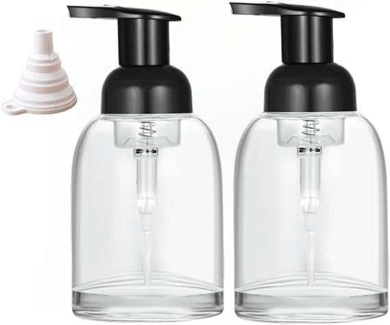 8.5Oz Refillable Foaming Shower Soap Dispenser 2pcs Foaming Soap Dispenser Glass Clear Foam Pump Bottles for Bathroom and Kitchen- (250mL Black Hand Pump)
