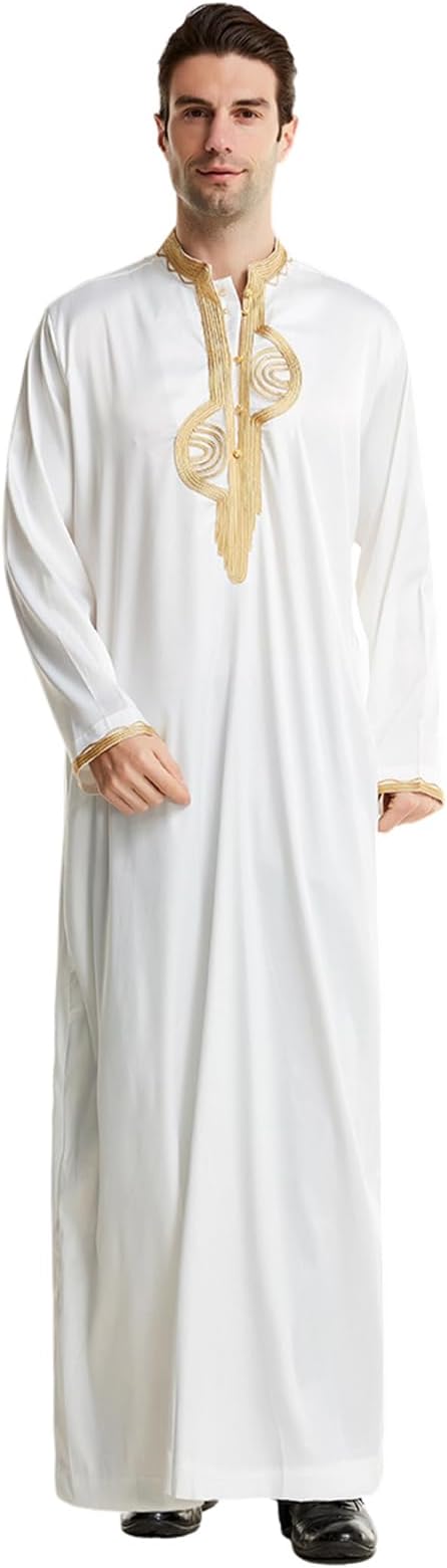 zhxinashu Thobe for Men Islam Long Sleeve Mens Kaftan Thobe Muslim Men Clothing