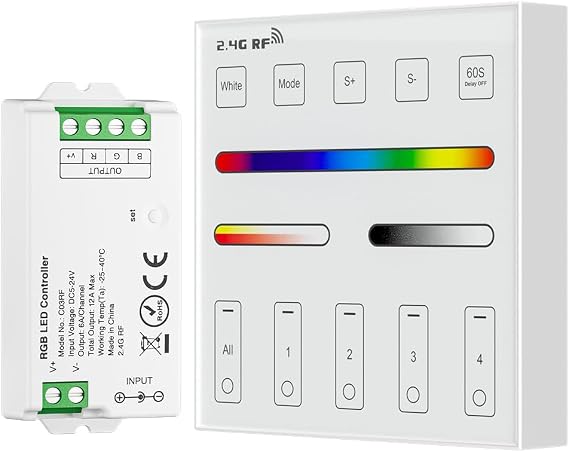 BTF-LIGHTING C03RF Tuya LED Controller FCOB SMD PWM RGB (+ R G B) 4PIN LED Strip, WR01RF RF 4 Zone Group Control RGB Wall Mounted Smart Panel Remote