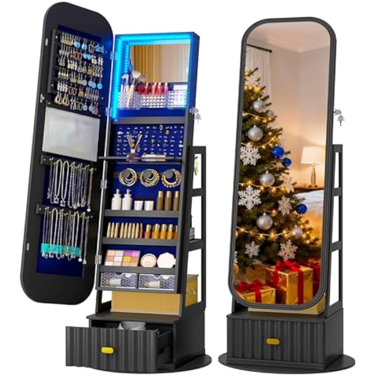 LVSOMT LED Mirror Jewelry Cabinet Standing, Jewelry Armoire Organizer with Full Length Mirror, 360Swivel Mirror with Jewelry Storage and Large Wooden Drawer Dark Black