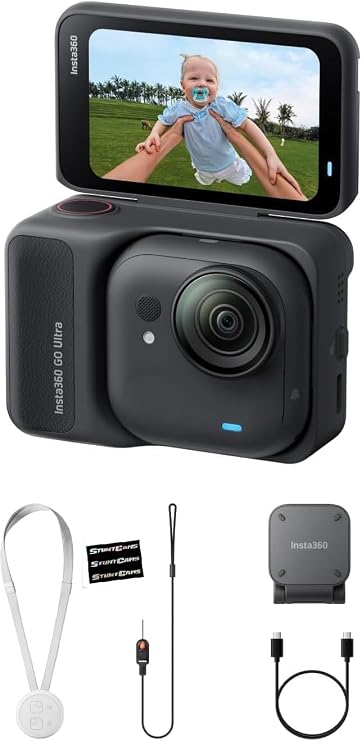 Insta360 GO Ultra Standard Bundle Midnight Black - Tiny Hands-Free 4K Cam, Lightweight & Portable, Low Light, Mount Anywhere, FlowState Stabilization, 200 Min Battery Life, Waterproof to 33ft