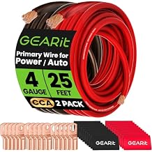 GEARit 4 Gauge Amp Wiring Kit CCA 3-in-1, 4 AWG Copper Clad Aluminum Power & Ground Battery Cable, 25 ft Each Black & Red, with 15 Lugs & 20 Heat Shrink for Car Audio