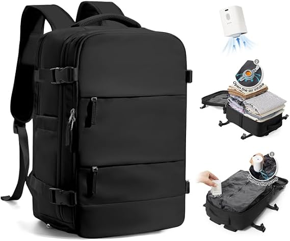 SZLX Vacuum Backpack Travel Bag with Pump, New Ryanair Cabin Size Bag 40x30x20 Backpack Wizz air, Large Travel Backpack Women Men Carry On Casual Daypack Fit 14 Inch Laptop with Shoes Compartment