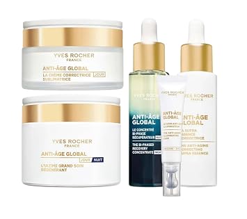 Yves Rocher Anti-Age Global Skincare Set of 5 Gold Achillea Night Cream Bi-Phased Recovery Night Serum Correcting Supra Essence Facial Care Set