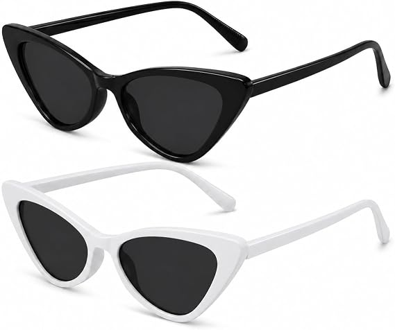 2 Pack Cat Eye Sunglasses for Women, Sunglasses Retro Vintage Trendy Narrow Glasses Pointy Fashion Cateye Eyewear for Swimming Music Festivals Party Shopping Travelling Outdoor Driving black white