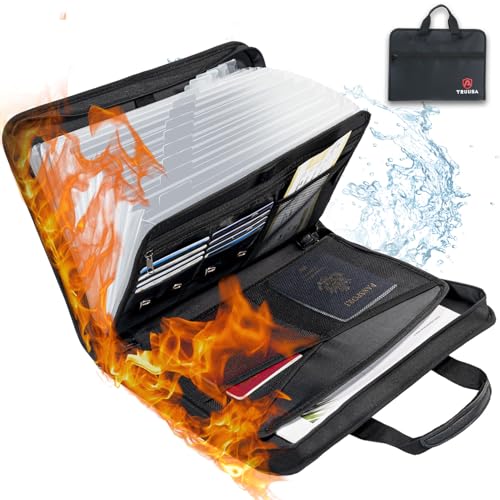 Important Document Organizer Fireproof Safe, 13 Pocket Accordion File Folder wHandle Zipper & Labels, File Organizer Water Resistance with Multi-Pockets for Letter Size A4 Paper