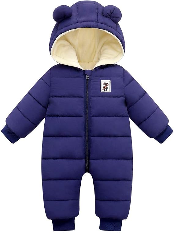 Unisex Baby Snowsuit Infant Cute Bear Hooded Winter Warm Flannel Lining Romper