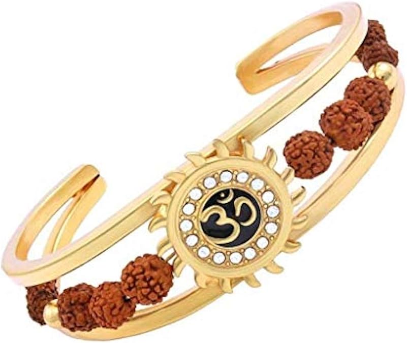 RUDRADIVINE Rudraksh American Diamond Gold Meena Om Sun Cuff Kada Bracelet for Men/Rudraksha Kada with American Diamond work