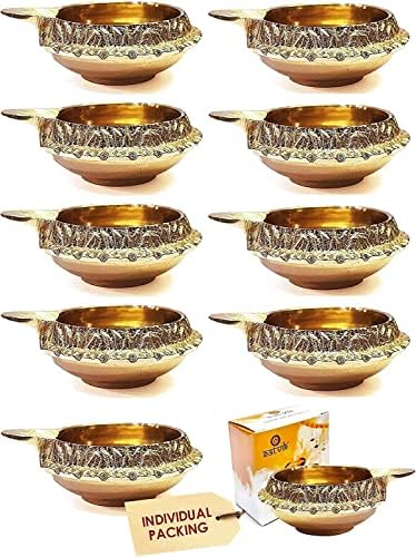 SATVIK Set of 10 - Pure Brass Kuber Diya for Diwali Decoration | Traditional Puja Oil Lamp for Home Temple | Brass Diya for Diwali Pooja & Festive Use