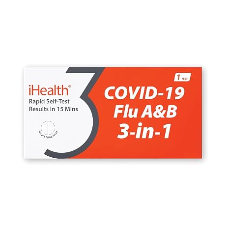 iHealth COVID-19, Flu A&B 3-in-1 Antigen Rapid Test, 15-Minute FDA Authorized OTC Flu Test & COVID Home Test Kit, Non-Invasive Nasal Swab, Easy to Use, 1 Pack, 1 Test Total