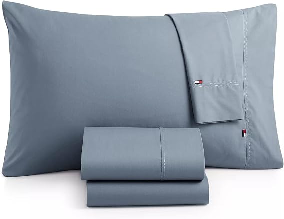 Tommy Hilfiger Signature Solid Sheeting 200 TC Set of 4 Sheet Set - 1 Flat Sheet, 1 Fitted Sheet & 2 Pillowcases, Full Size, 100% Cotton (Folkstone Gray)