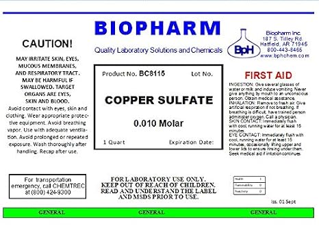Biopharm Copper Sulfate Solution 0.010 Molar, 1 Quart (950 mL) | Cupric Sulffate, Copper (II) Sulfate