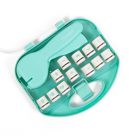 Craftelier Turquoise Stainless Steel Paper Punch, 12 Interchangeable Shapes, Lightweight Cardstock Punching Machine - Box Size 19,5 x 18 cm - Punch Size 16,50 x 6,5 cm