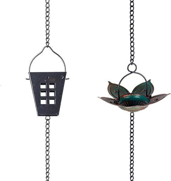 Rain Chains for Gutters, 12 Cups Square & Lotus Rain Chain, Adjustable Rain Catcher Chain with Bell for Eaves Drainage, Replacement for Downspout