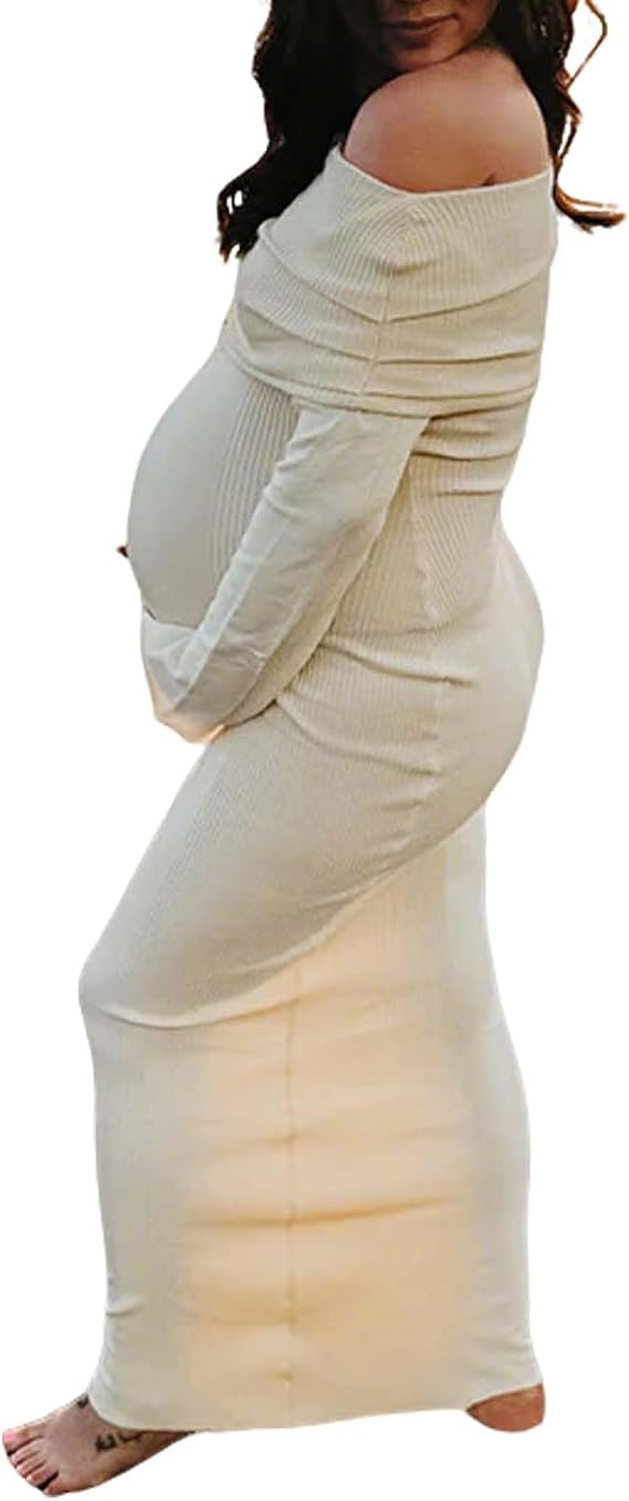 Cichic Knit Off Shoulder Flare Sleeve Mermaid Bodycon Elegant Vacation Photoshoot Baby Shower Maternity Maxi Dress
