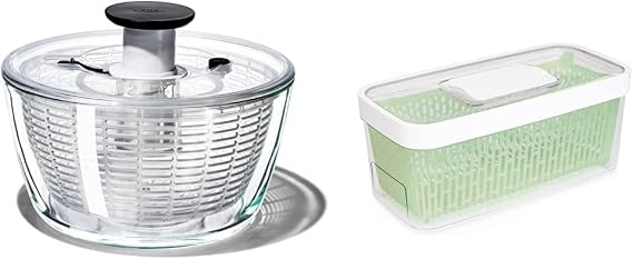 OXO Good Grips Glass Salad Spinner (6.22 Quart) and OXO Good Grips GreenSaver Produce Keeper - Large (5 qt/4.7 L), White