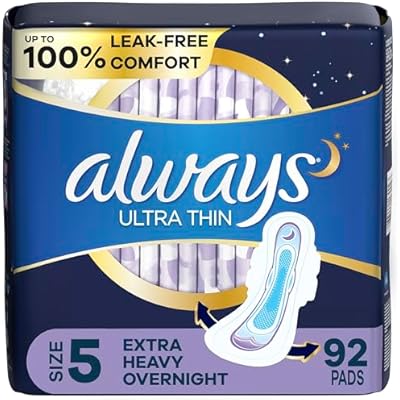 Always Ultra Thin Feminine Pads for Women, Size 5, Extra Heavy, Overnight Absorbency with Wings, 92 Count Total