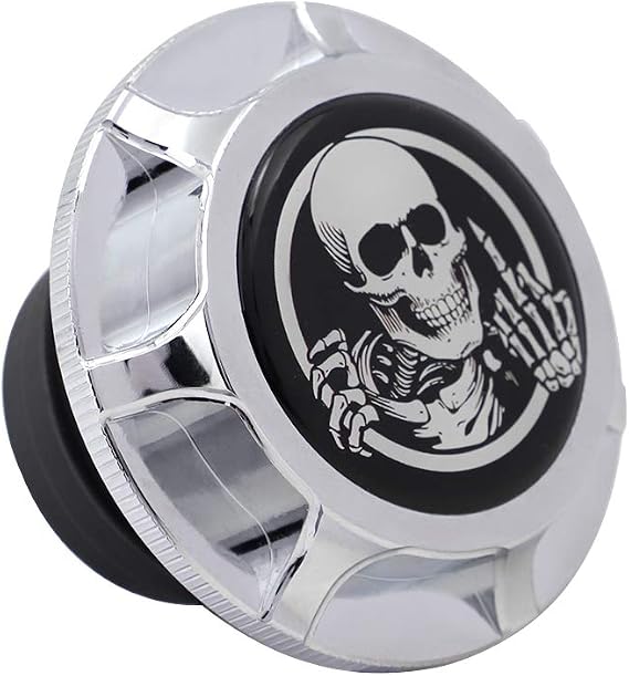 GUAIMI CNC Aluminum Fuel Gas Tank Oil Cap Compatible with Harley Sportster XL 1200 883 X48 Dyna - Glued Skull Middle Finger (Chrome)