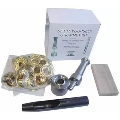 Tarps Now Grommet Tool Kit #5 (5/8" Hole) with Grommet Die Cutting Punch, Small Cutting Board, and Paired Sets of Grommets and Washers for Tarp Repair or Addition (18 ct), Brass Finish