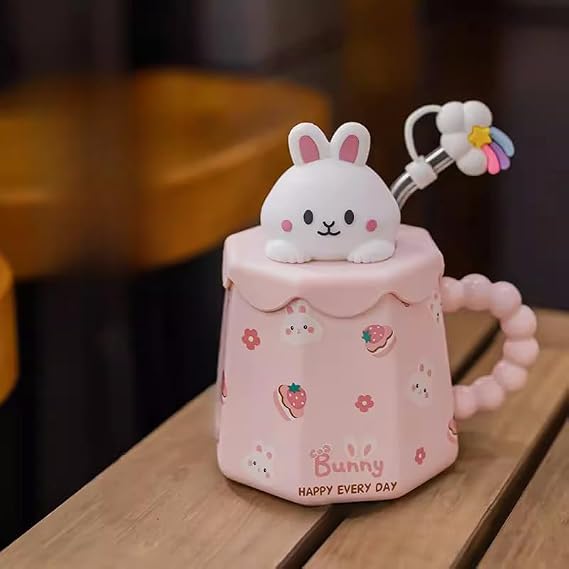 Coffee Mug with Lid and Straw Cute and Funny Water Cup Animal Patterned Ceramic Cup Milk Cup Breakfast Cup Office Cup Gift 1pc (Pink Rabbit)