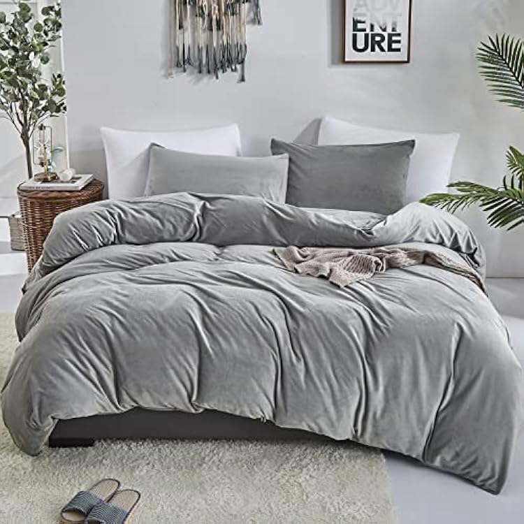 KAREVER Gray Velvet Duvet Cover Set King Light Gray Flannel Comforter Cover King with Corner Ties 3 Pieces Gray Luxury Bedding Set Soft Warm Gray Velvet Quilts Cover