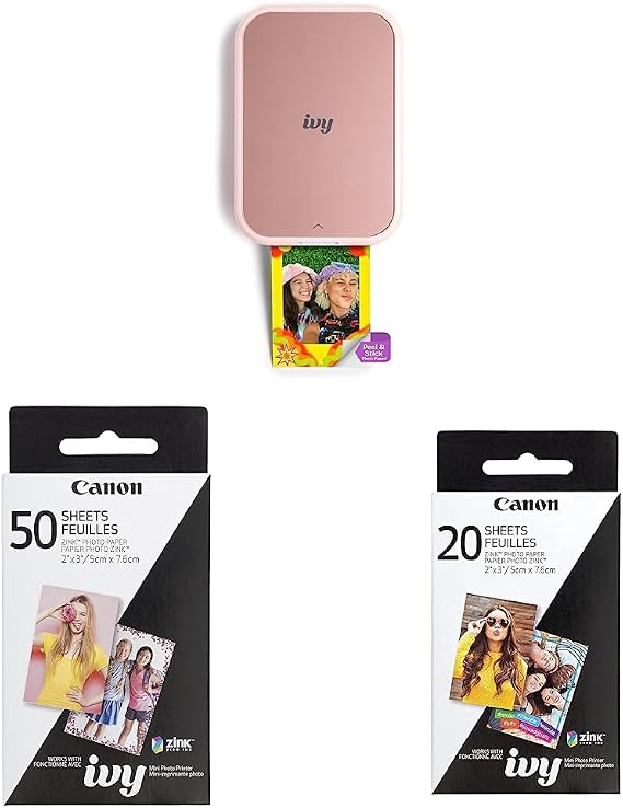 Canon Ivy 2 Mini Photo Printer, Print from Compatible iOS & Android Devices, Sticky-Back Prints, Blush Pink & Zink Photo Paper Pack, 50 Sheets & Zink Photo Paper Pack, 20 Sheets, White, 2" X 3"