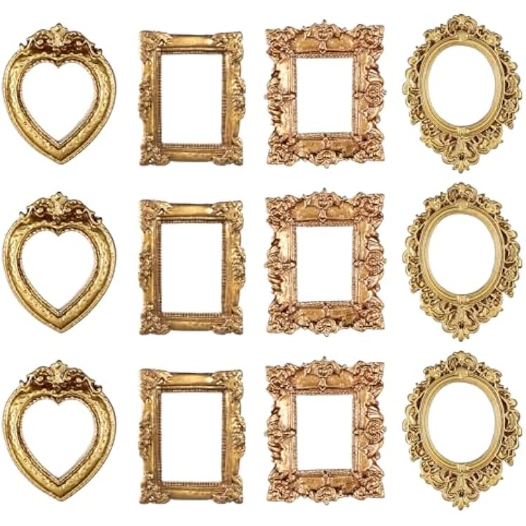 12 Pcs Vintage Picture Frames Small Mini Resin Jewelry Display Table Frame Baroque Antique Wall Hanging Ornament Tiny Oval Rectangle Home Wedding Decoration for DIY Christmas Party