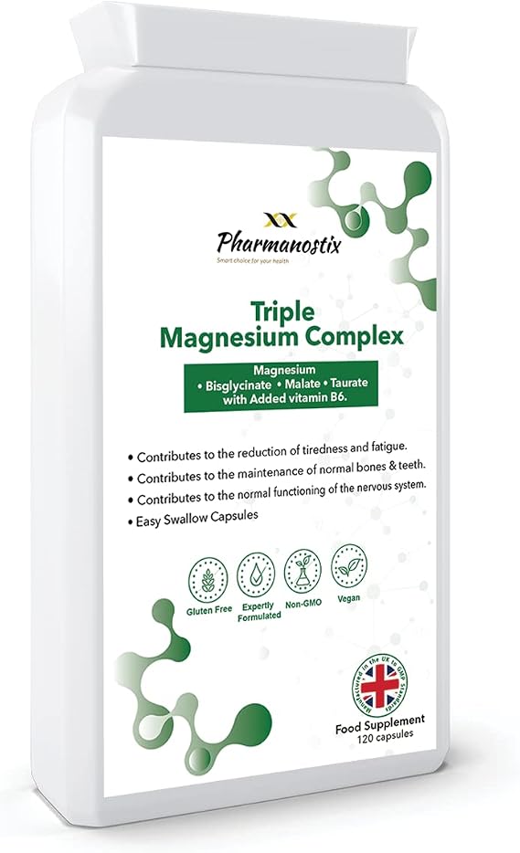 Triple Magnesium Complex 120 Vegan Capules - Malate, Bisglycinate & Taurate, Providing 375mg Elemental Magnesium Per Daily Serving - with Added Vitamin B6 by Pharmanostix