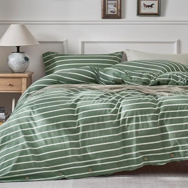 JELLYMONI Cotton Duvet Cover Queen Size - Green Striped Comforter Cover with Button 100% Washed Cotton 3PCS Breathable Soft Solid Bedding Set Duvet Cover 9090in & 2 Pillowcases NO Comforter