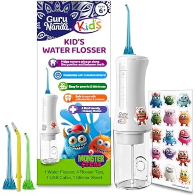GuruNanda Kids Water Dental Flosser - 4 Flossing Modes, 4 Nozzles, 2-Min Smart Timer, Ages 6, Monster Frens Theme, Portable Oral Care for Kids