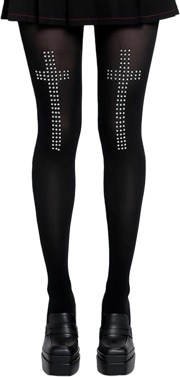 FuwangCB Goth Gothic Tights Y2k, Whimsical Emo Alt Tights, Black Sheer Funky Pattern Toghts with Designs, Womens Cute Stockings Pantyhose, Grunge Scene Alternative Punk Harajuku Clothes Accessories