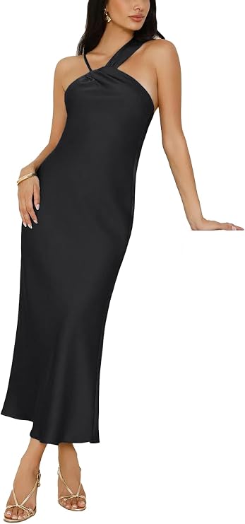 Satin Asymmetric Neckline Midi Dress for Women Sleeveless Wedding Guest Dress