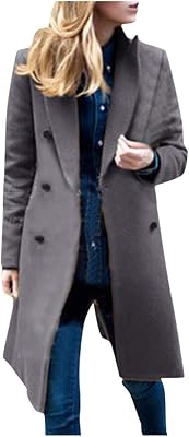 Firzero Winter Coats for Women, Wool Blend Camel Mid-Long Coat Notch Double-Breasted Lapel Jacket, Long Sleeve Open Front Loose Outerwear Solid Color Double Breasted Business Jacket Gray_0