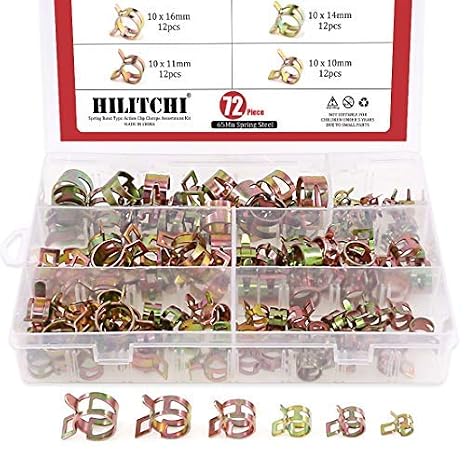 Hilitchi 72 pcs Spring Band Type Action Fuel/Silicone Vacuum Hose Pipe Clamp Low Pressure Air Clip Clamp (10 x 7mm 10mm 11mm 14mm 16mm 17mm)