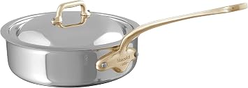 Mauviel MCook B 5-Ply Polished Stainless Steel Saute Pan With Lid, Brass & Helper Handle, 6.2-qt, Made In France