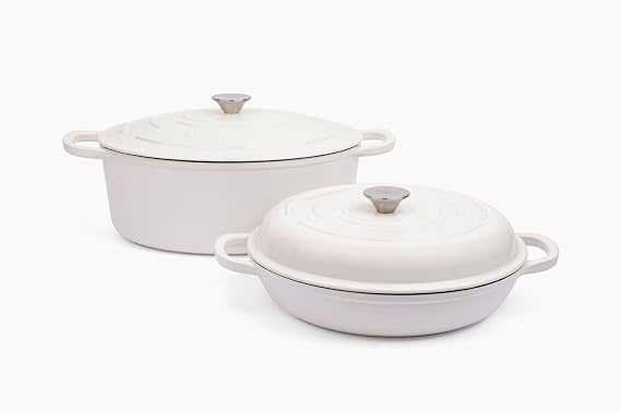 Larder & Vine 4-Piece Enameled Cast Iron Cookware Set: 8 Quart Dutch Oven with Lid, 3.6 Quart Braiser with Lid, Cast Iron Cookware with Oversized Handles, Oven Safe up to 500F (White)