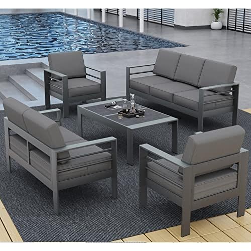 LayinSun Outdoor Aluminum Furniture Set, 5 Pieces Patio Sectional Conversation Chat Sofa Modern Seating Set with Coffee Table
