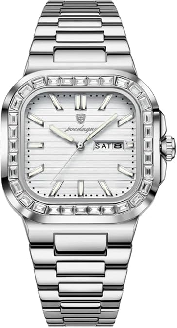 POEDAGAR Men's Luxury Square Watch Waterproof Luminous Date Week Man Watch Stainless Steel Casual Fashion Quartz Men's Watches