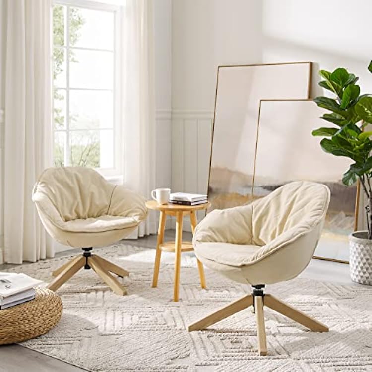 Volans Desk Chair No Wheels, Set of 2, Mid Century Modern Flower Design Swivel Accent Chair with Oak Wood Legs for Living Room Bedroom Vanity, Off White