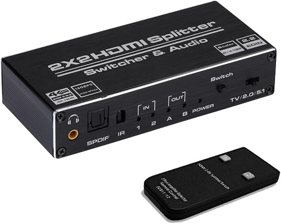 HDMI Switch 2x2, 2 Ports HDMI Switch Splitter 2 in 2 Out with IR Remote Control, Support HDMI 2.0, HDCP 2.2, Ultra HD, 4K x 2K@60Hz, 3D, 1080P (Dual Monitors Duplicate/Mirror Only)