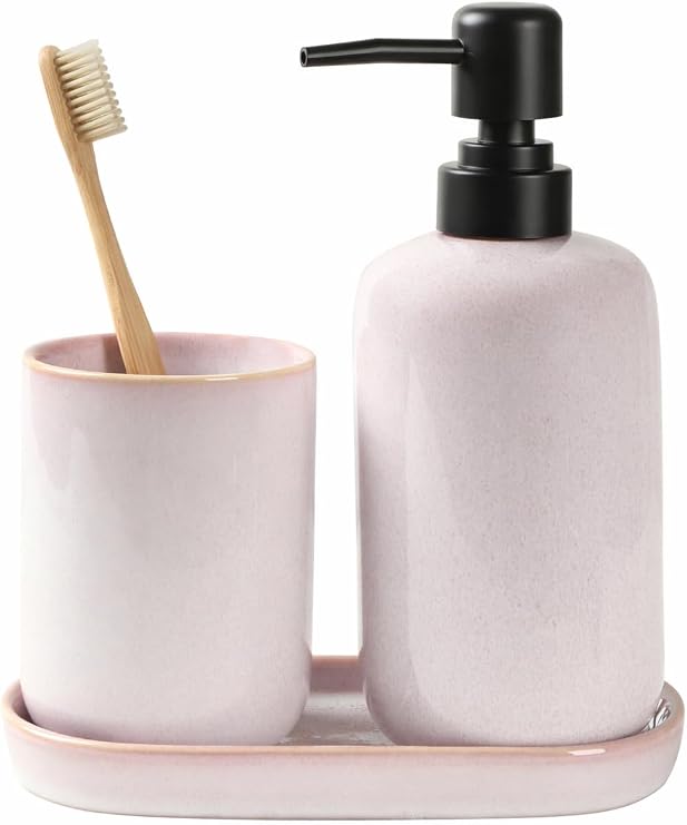 Ceramic Bathroom Accessories Set, Light Pink Glossy Soap Dispenser | 15.5oz & Toothbrush Holder 10.6oz with Tray, Modern Countertop Set for Bathroom, Vanity, Kitchen Sink