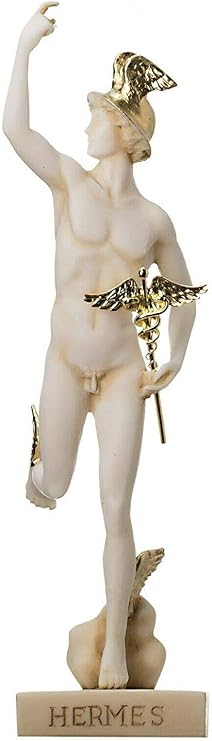 BEAUTIFUL GREEK STATUES Hermes Mercury God Zeus Son Roman Statue Alabaster Gold Tone 9.25"
