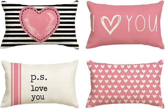 AVOIN colorlife Valentine's Day I Love You Throw Pillow Covers, 12 x 20 Inch Pink Valentine Heart Stripes p.s. Love You Wedding Cushion Case Decoration for Sofa Couch Set of 4